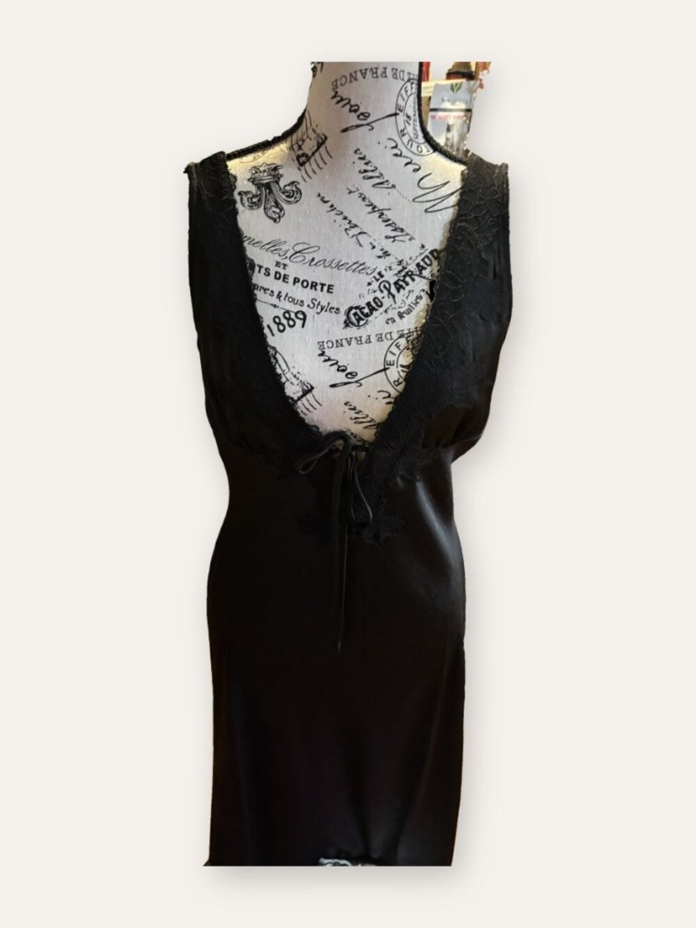 Thirty/Thirty Black Satin Maxi Slip Dress Lace Trim Deep V Tie Front (L)